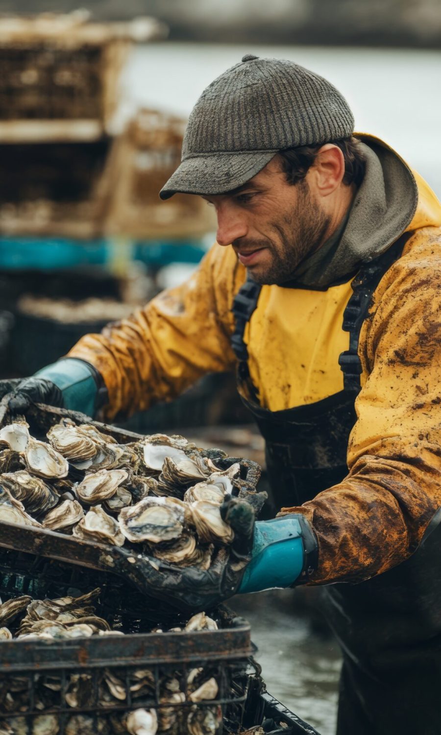 A hardworking fisherman collects freshly harvested oysters in a coastal estuary under a cloudy sky A fisherman wearing waterproof gear carefully sorts and lifts a crate full of glistening oysters from the water.